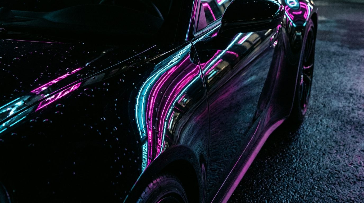 Freshly detailed black car reflecting magenta and cyan neon light